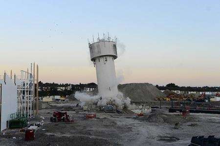 The water tower at the old Sittingbourne paper mill is demolished