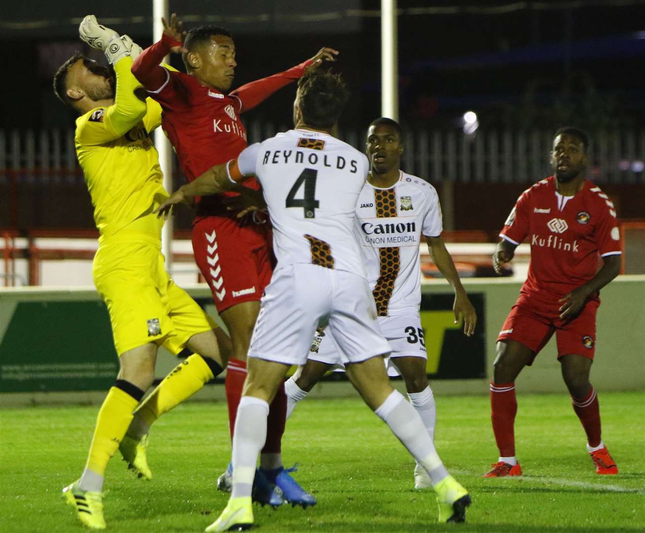 Fleet goalscorer Alex Reid gives the Bees defence a hard time Picture: Andy Jones