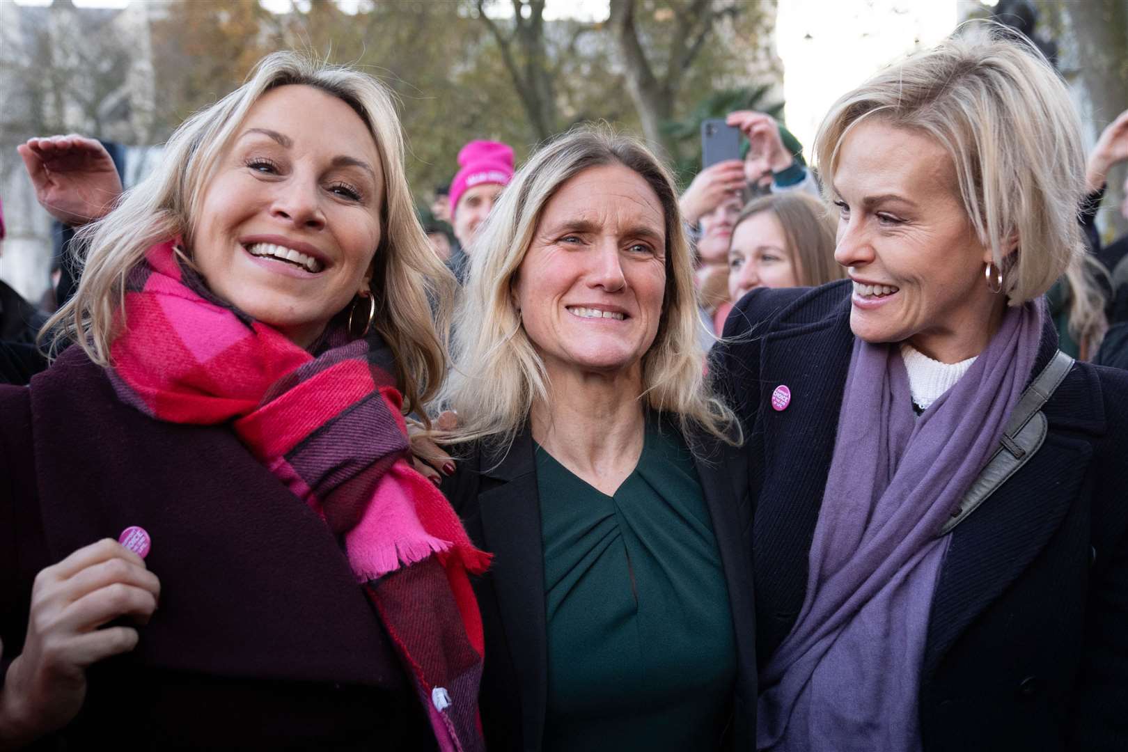 Kim Leadbeater (centre) is joined by campaigner and cancer sufferer Sophie Blake (left) and Rebecca Wilcox (daughter of Esther Rantzen (far right) after hearing the result of the vote (Stefan Rousseau/PA)