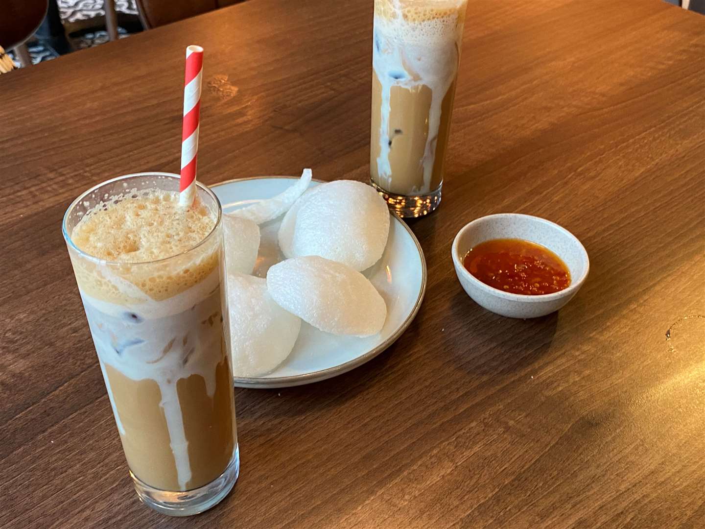 Iced coffee was £4.95 each, with prawn crackers and a sweet chilli sauce for £3