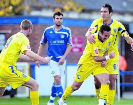 Adam Miller celebrates putting the Gills 1-0 up. Picture: Matthew Walker