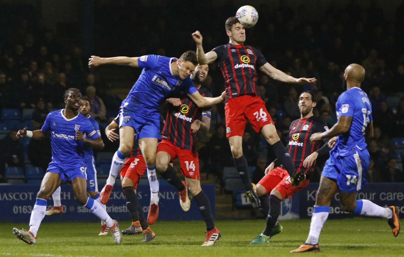 Gills defender Ben Nugent is beaten in the air. Picture: Andy Jones