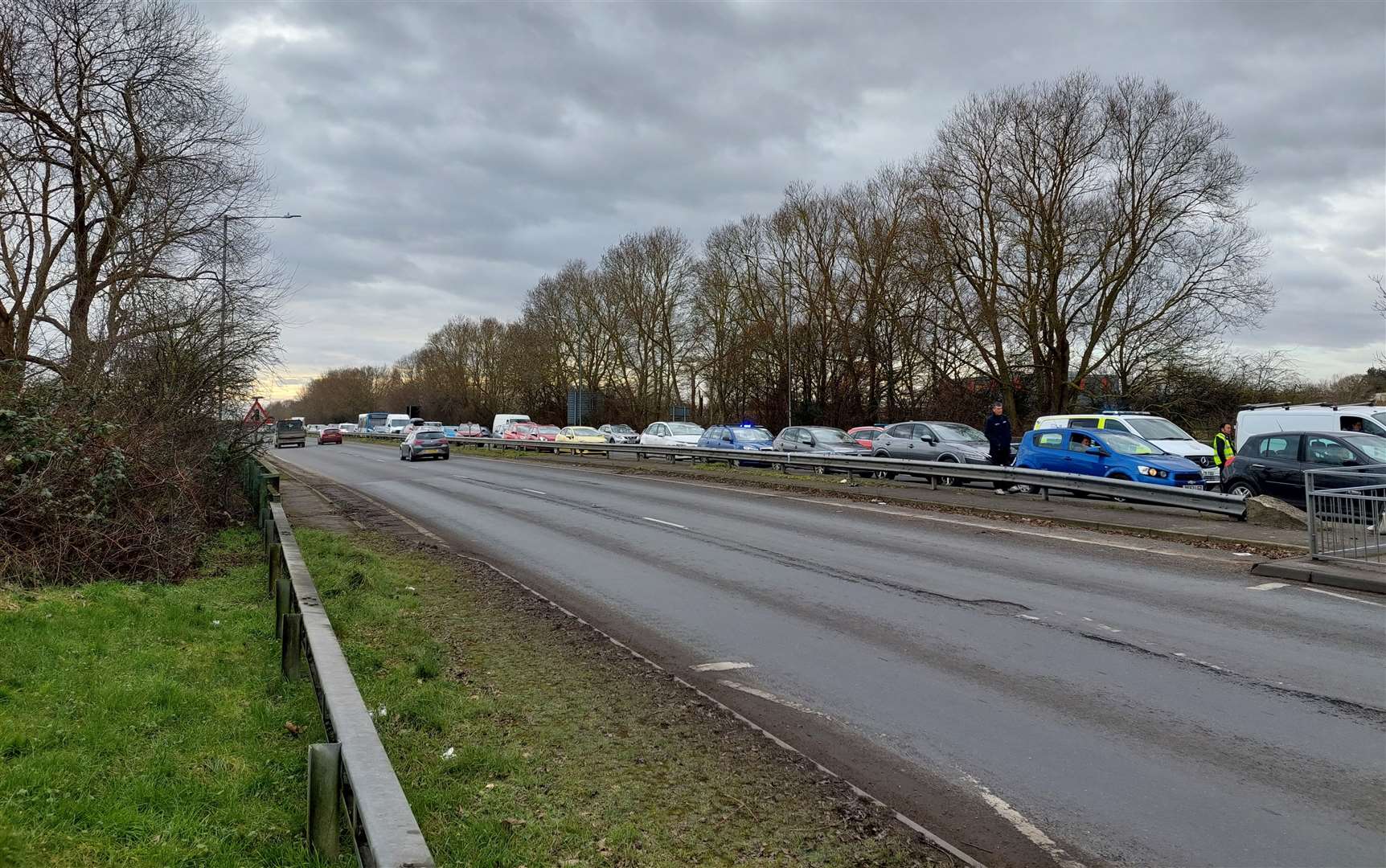 Traffic is building as a result of a crash on the A2042 in Ashford