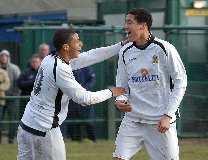 Chris Smalling, right, celebrates a goal with Jacob Erskine during his Maidstone United days. Picture: Steve Terrell