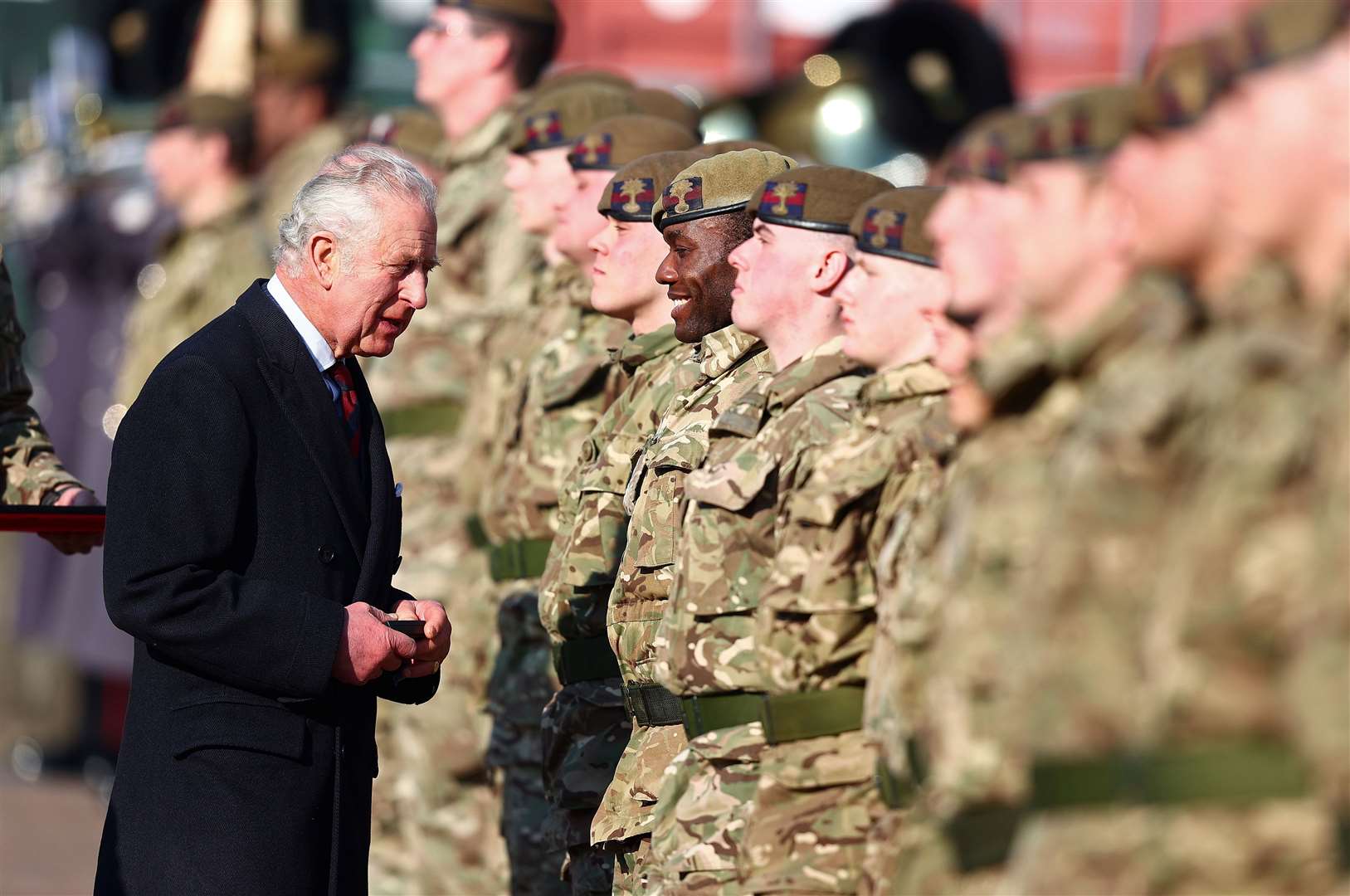 The Prince of Wales presents Operation Shader medals to The Prince of Wales’s Company at the Combermere Barracks (Adrian Dennis/PA)