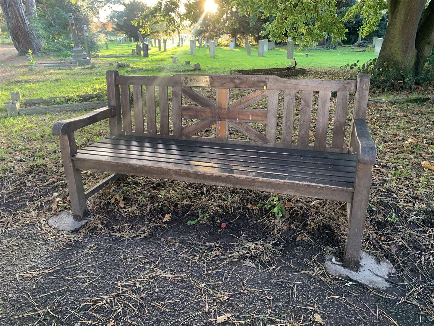 The Royal British Legion bench situated next to the war memorial at Hamilton Road cemetery in Deal has been vandalised