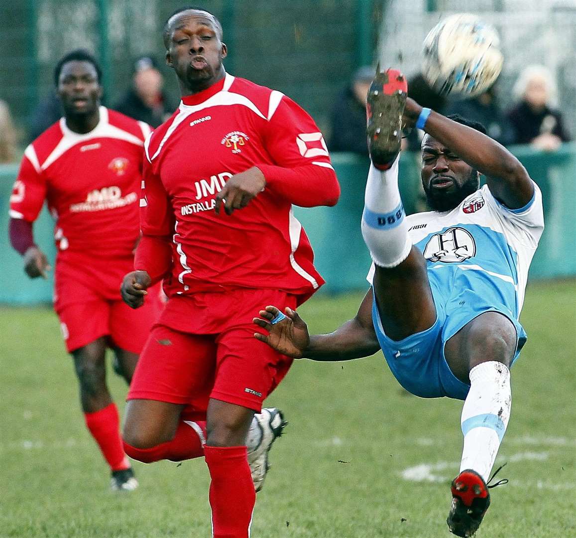 Sheppey hook the ball clear against Hollands & Blair. Picture: Sean Aidan FM6246346