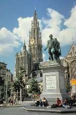 The statue of Rubens in front of the imposing Cathedral of Our Lady in the Groenplaats