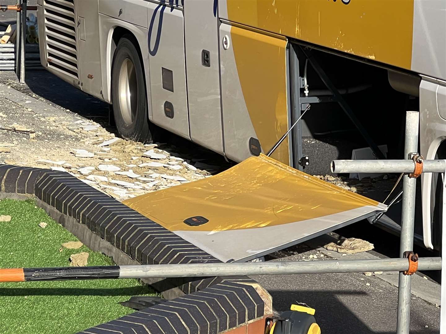 Damage to a coach at the front of the hotel. Picture: Barry Goodwin