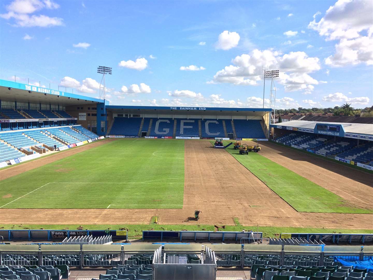 Work takes place at Priestfield on Monday, removing the pitch