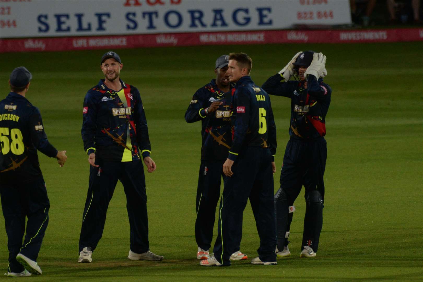 Kent celebrate an early wicket from Joe Denly. Picture: Chris Davey.