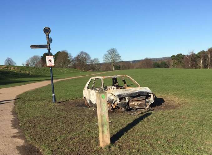 The car was set alight in Mote Park. Picture: @singingPA on Twitter