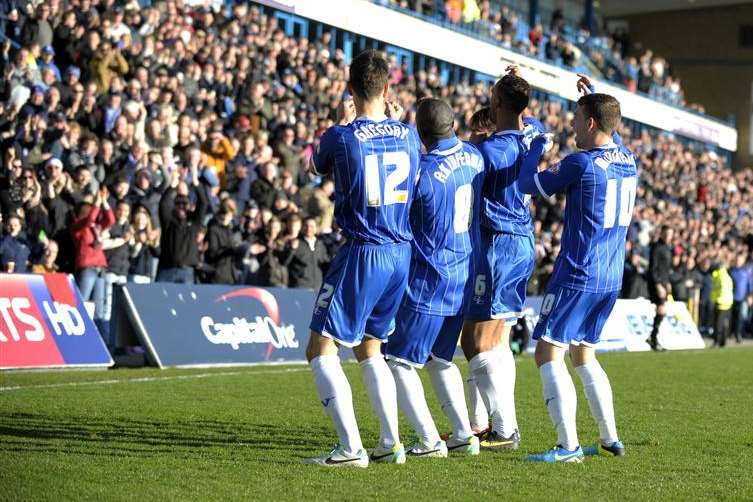 Adebayo Akinfenwa leads the celebrations after he scores Picture: Barry Goodwin