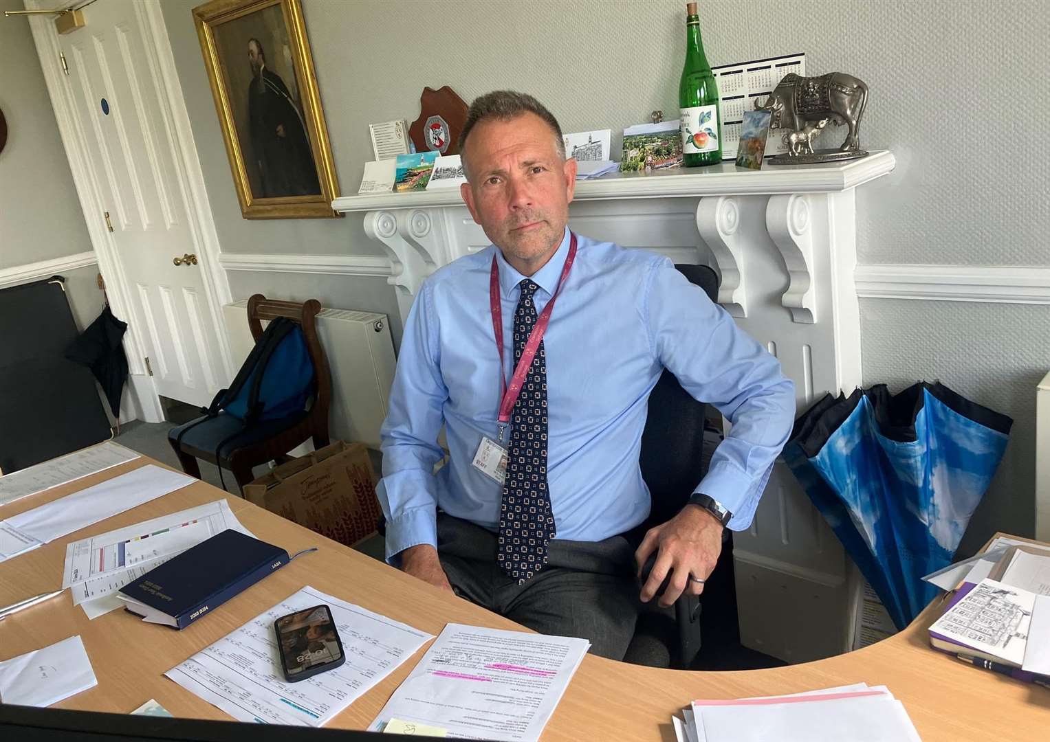 Cranbrook School head teacher David Clark at his office desk. Picture: Simon Finlay LDRS