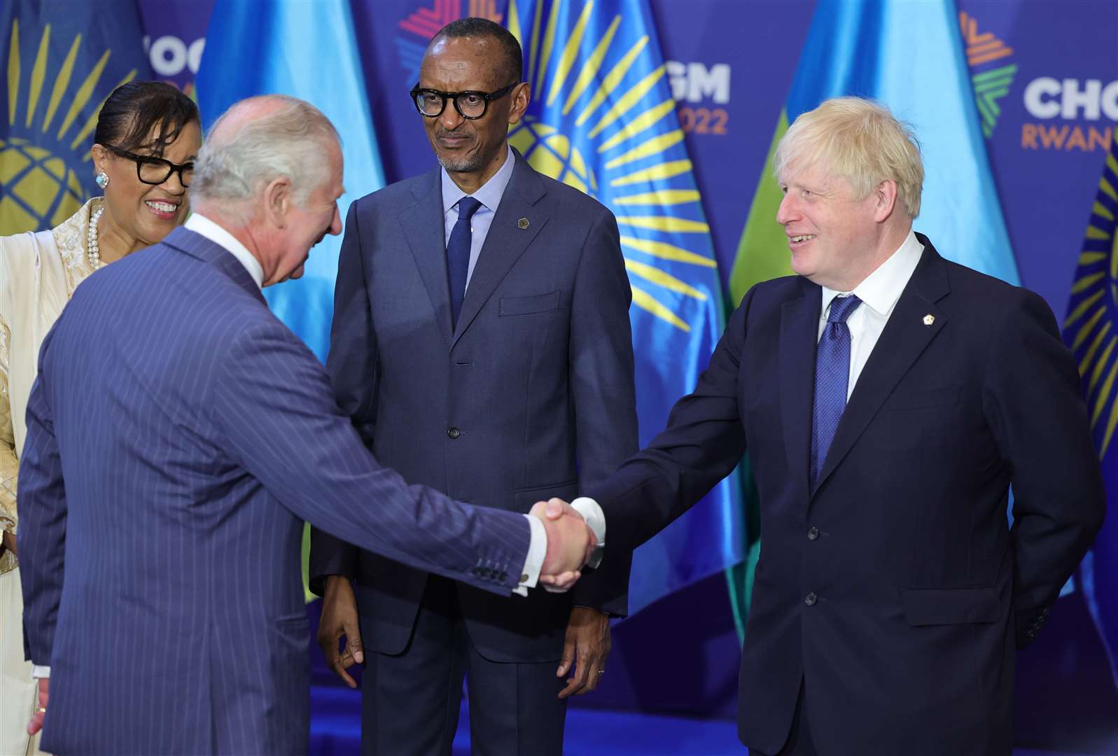 The Prince of Wales shakes hands with Prime Minister Boris Johnson as they attend the Commonwealth Heads of Government Meeting opening ceremony at Kigali Convention Centre (Chris Jackson/PA)