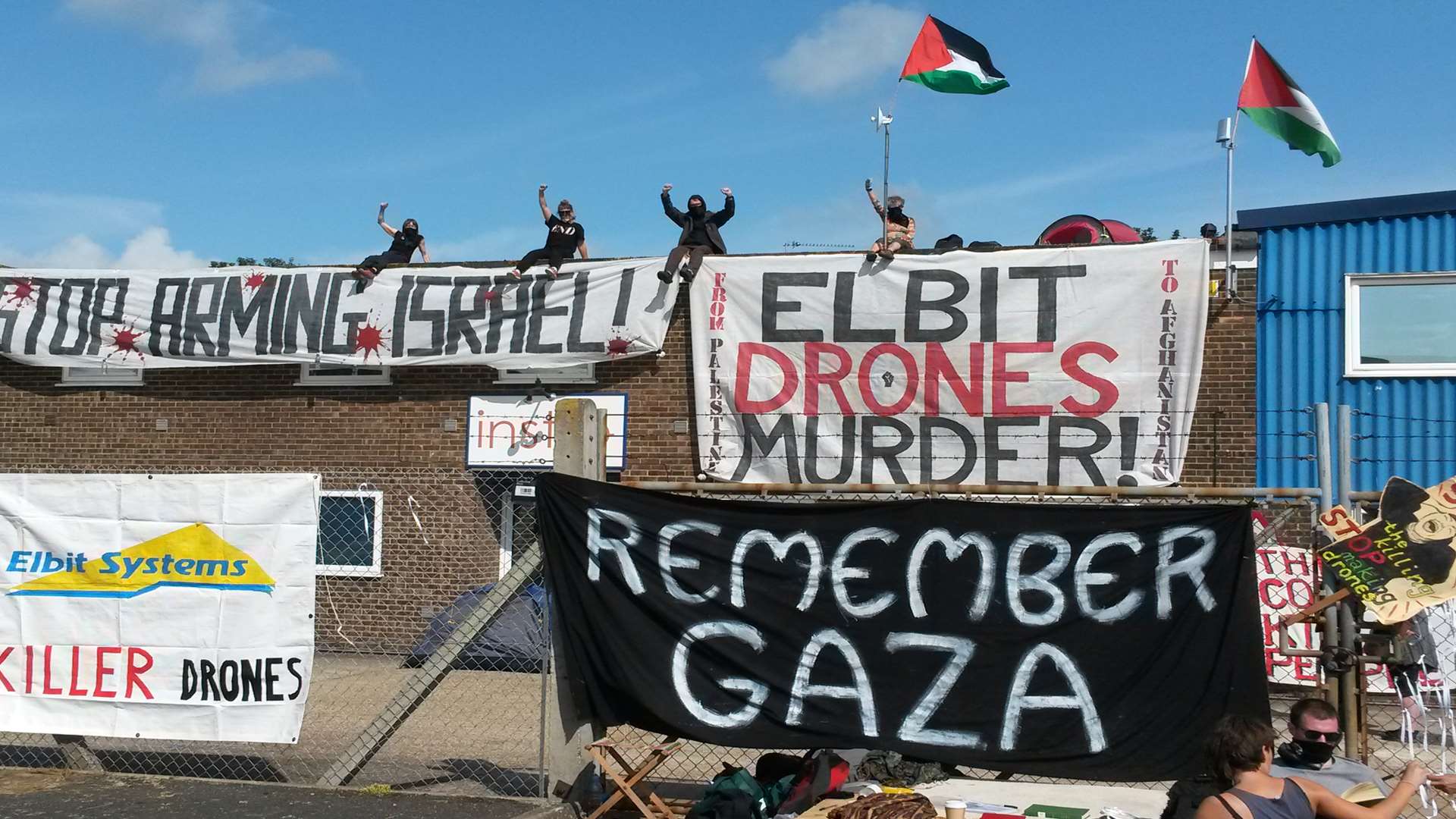 Protesters on rooftop of Instro Precision in Pysons Road industrial estate, Broadstairs