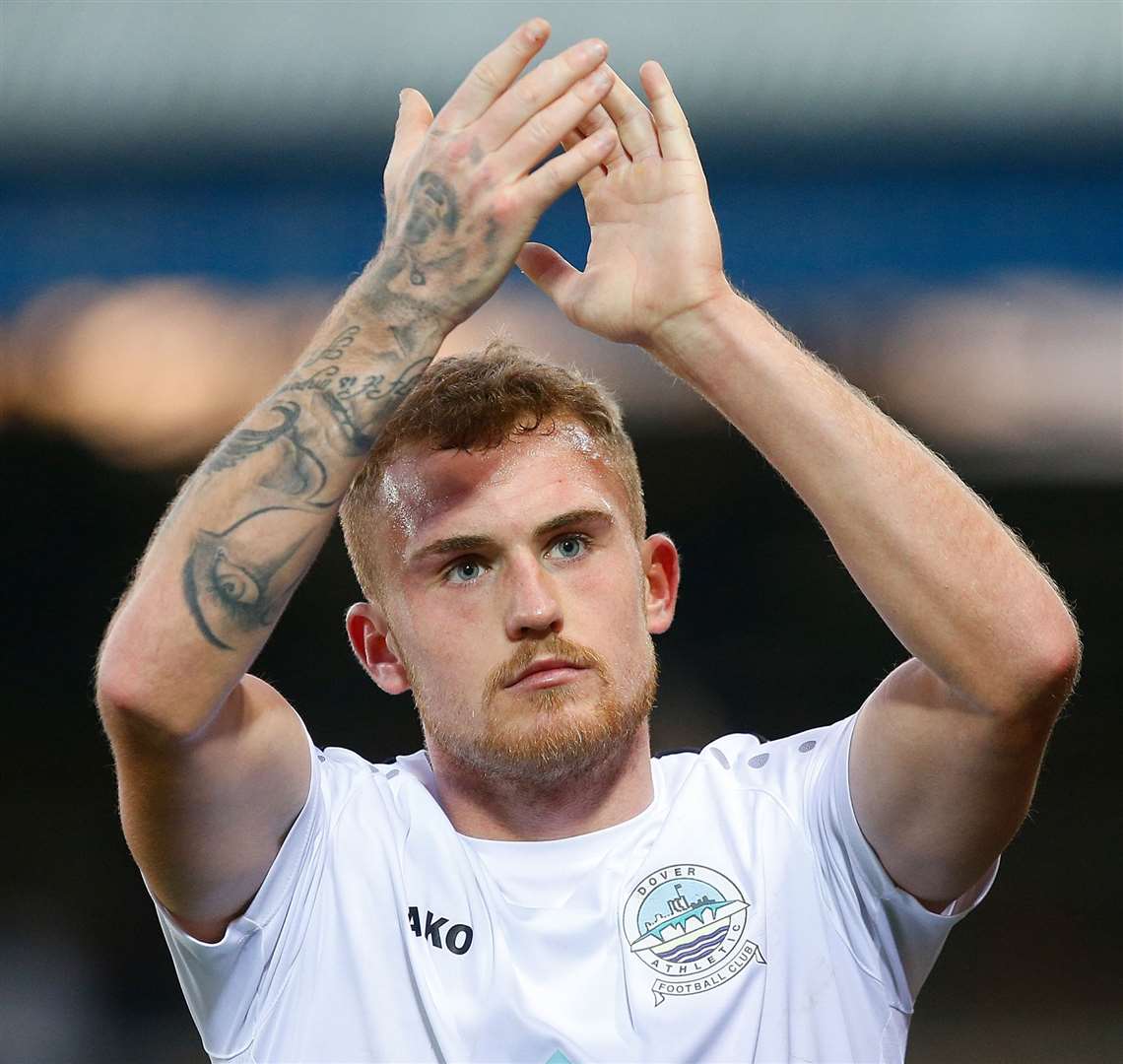 Bobby-Joe Taylor applauds Dover's supporters after the FA Cup defeat to Peterborough United. Picture: Andy Jones