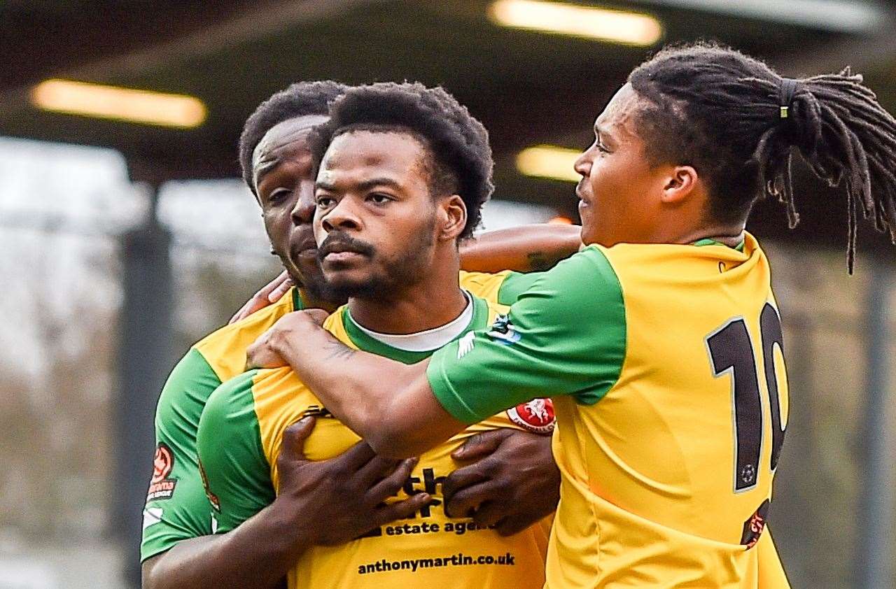 Dipo Akinyemi pictured scoring for old team Welling United Picture: Dave Budden