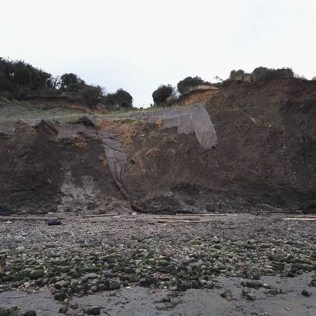 Cliff defence matting has slid onto the beach at Eastchurch. Picture: Gary Walker