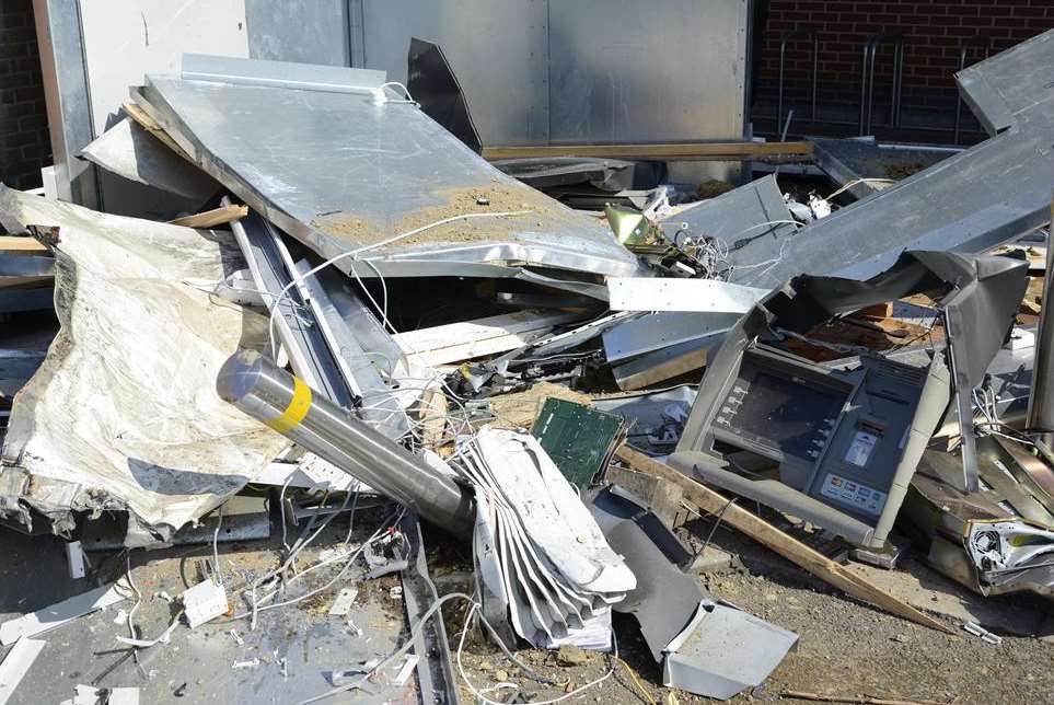 The mangled wreckage of the cash machine ripped out of the wall at Tesco in Pembury. Picture: Martin Apps