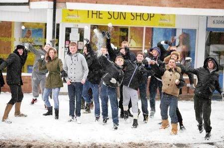 Snow ball fight, Church Road, Willesborough. Ashford continues under a blanket of snow.