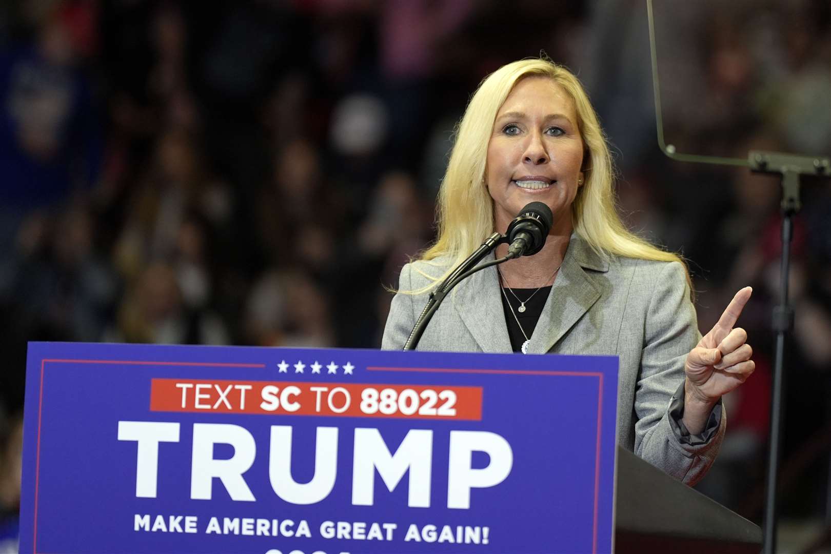 Marjorie Taylor Greene speaks at a Republican presidential campaign rally (Chris Carlson/AP)