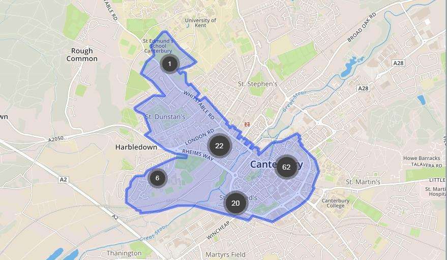 111 violent and sexual crimes were reported in Westgate ward, Canterbury. Picture: police.uk