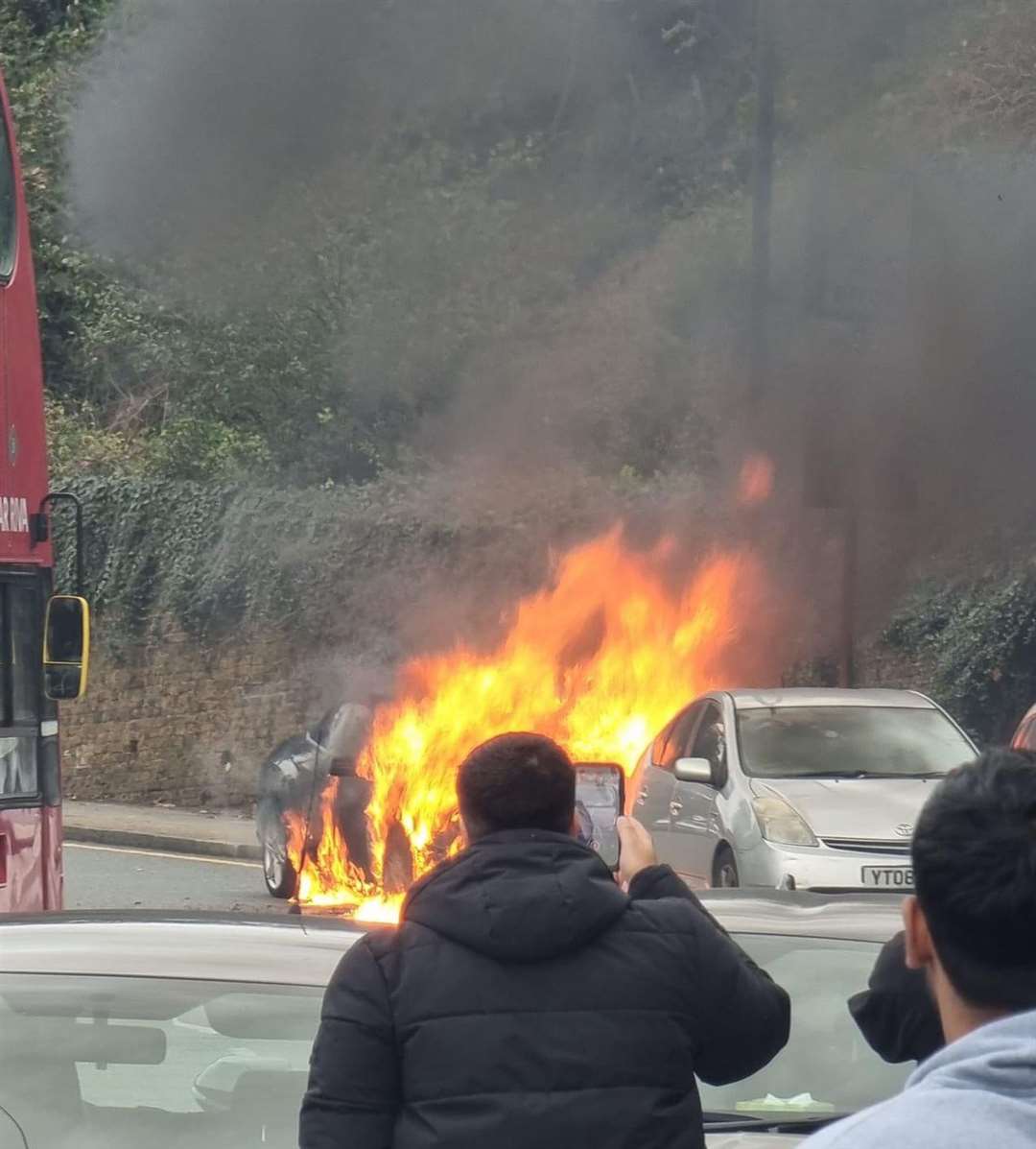 The car was engulfed in flames in Crayford High Street. Picture: Lou Read