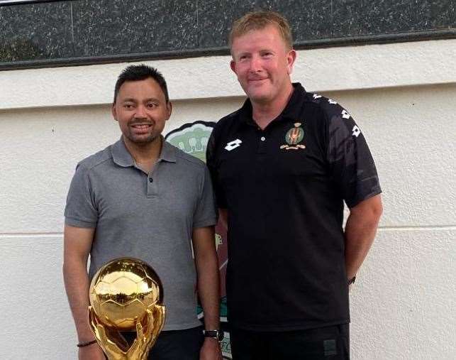 Ady Pennock with with the Crown Prince of Brunei, owner of DPMM and the Singapore Premier League trophy after the 2019 success
