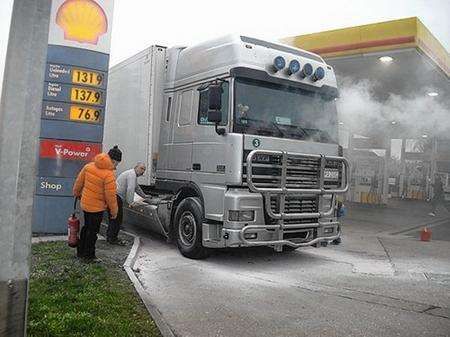 Scene at Macknade Service Station, Canterbury Road, Faversham after lorry on fire drove into the forecourt.