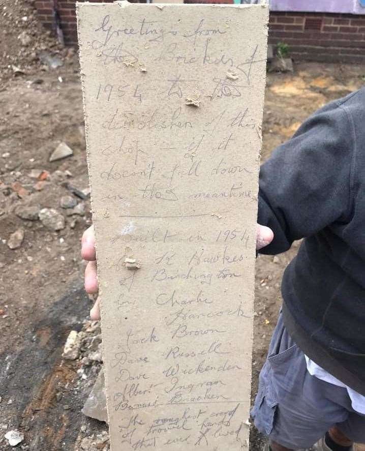 A note left by brickies more than 60 years ago has been unearthed as a shop in Twydall undergoes a renovation. Picture: Jamie Elwin