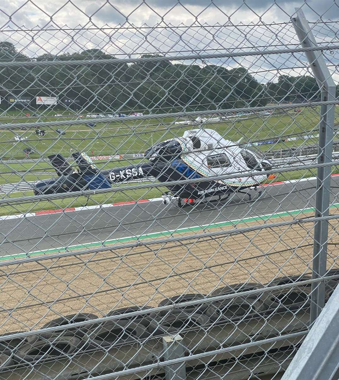 The air ambulance at the scene of the crash at Brands Hatch. Picture: @FlooringKimpton/Twitter