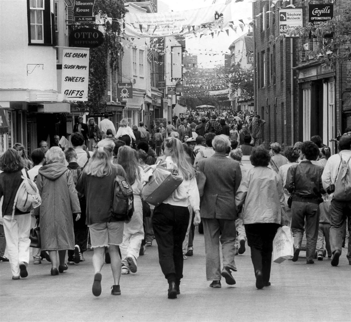 Shoppers walking through a crammed Canterbury city centre in November 1990