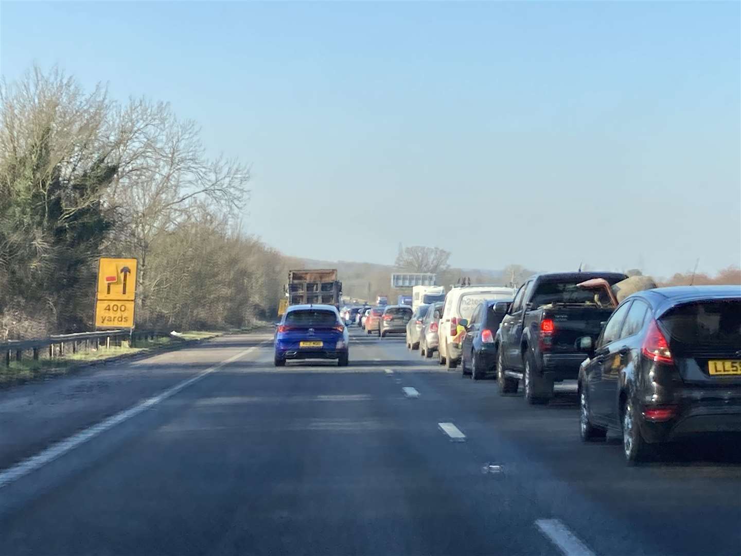 Inside lane of the London-bound carriageway of the M2 between Sittingbourne and Gillingham junctions coned off