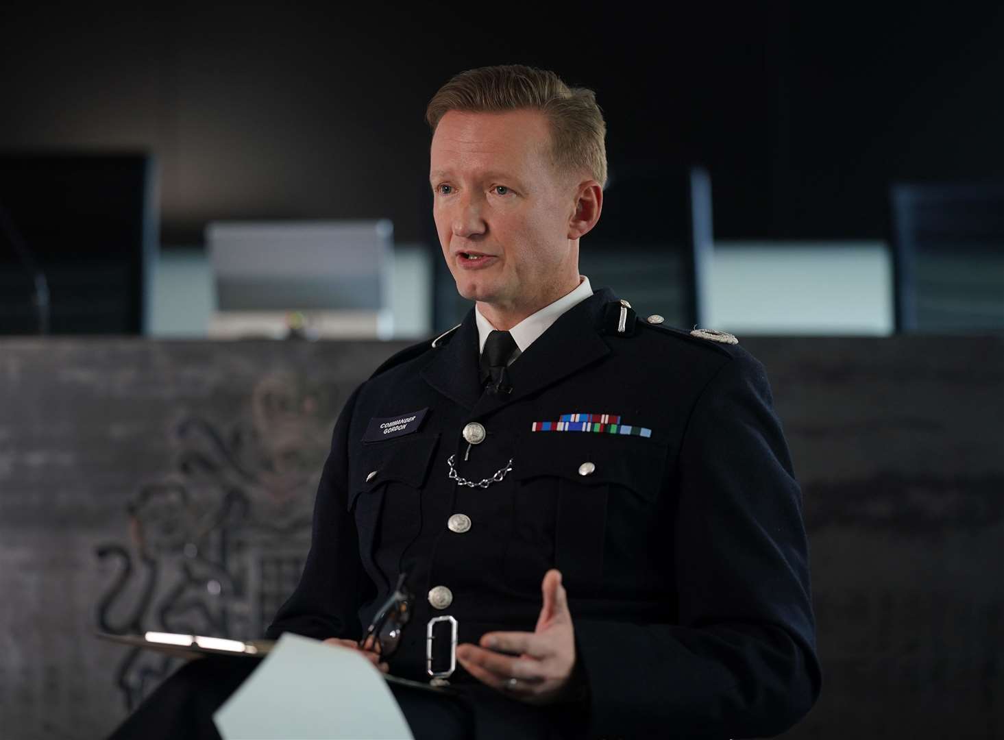 Commander Kyle Gordon speaks to the media (Yui Mok/PA)