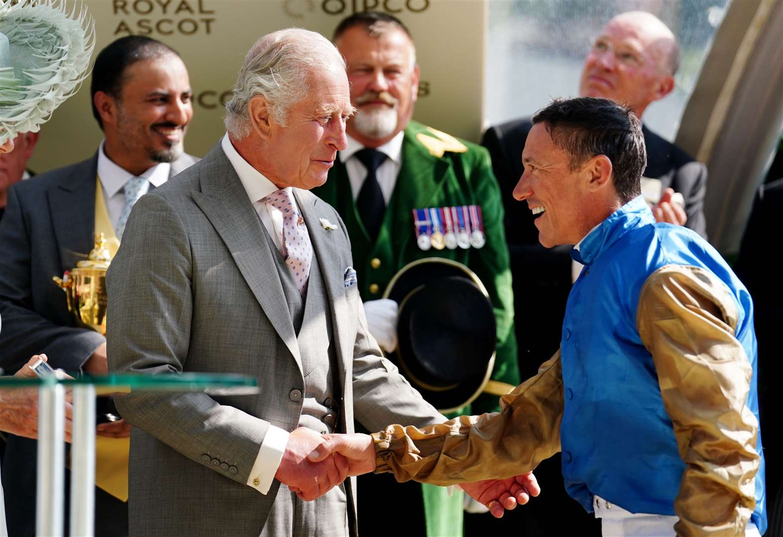 King Charles congratulates Frankie Dettori after his victory on Courage Mon Ami in the Gold Cup (David Davies/PA)