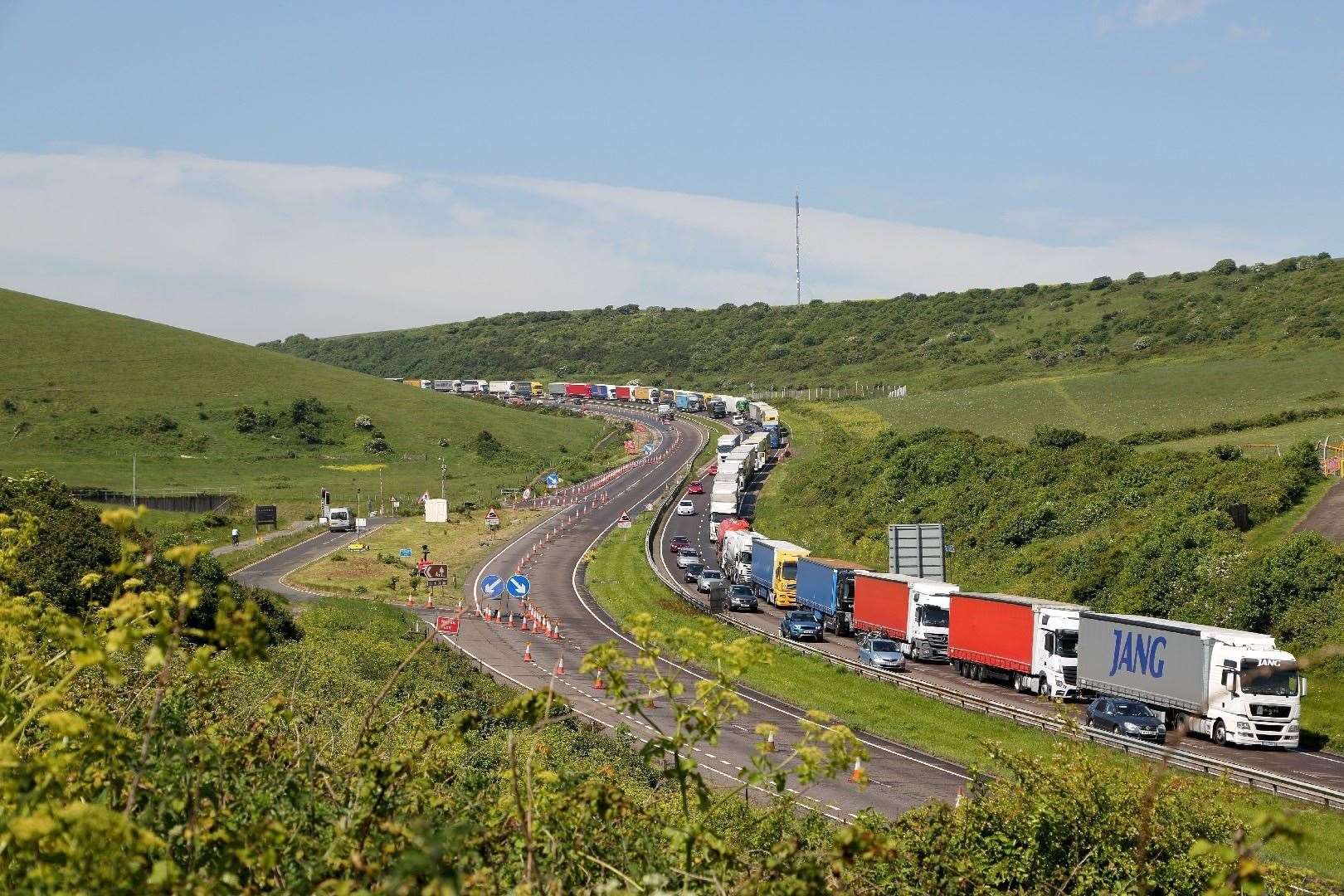 Lorries queued up on the A20 near Aycliffe during Dover TAP. Picture: Roger Golding