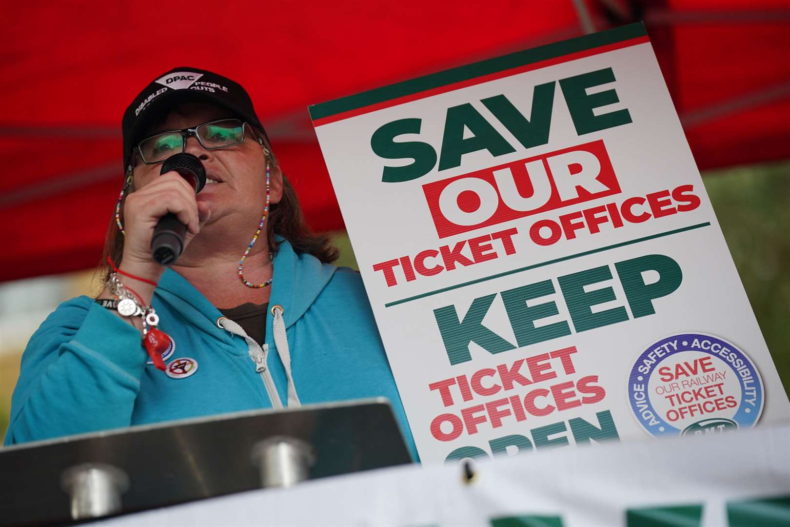 Paula Peters from Disabled People Against the Cuts, speaks during a protest (Lucy North/PA)