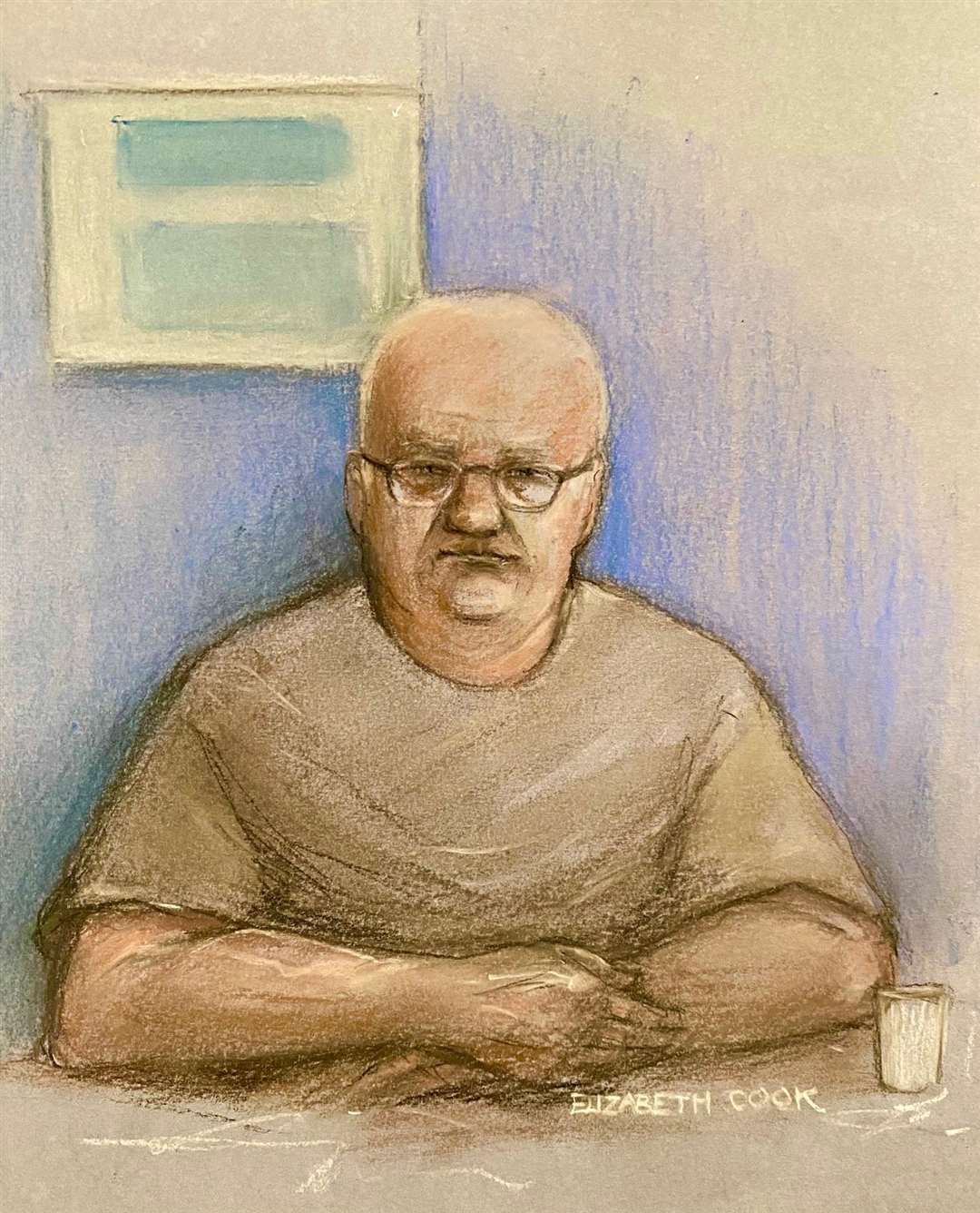 Court artist sketch of Steve Wright appearing at court via videolink from custody (Elizabeth Cook/PA)