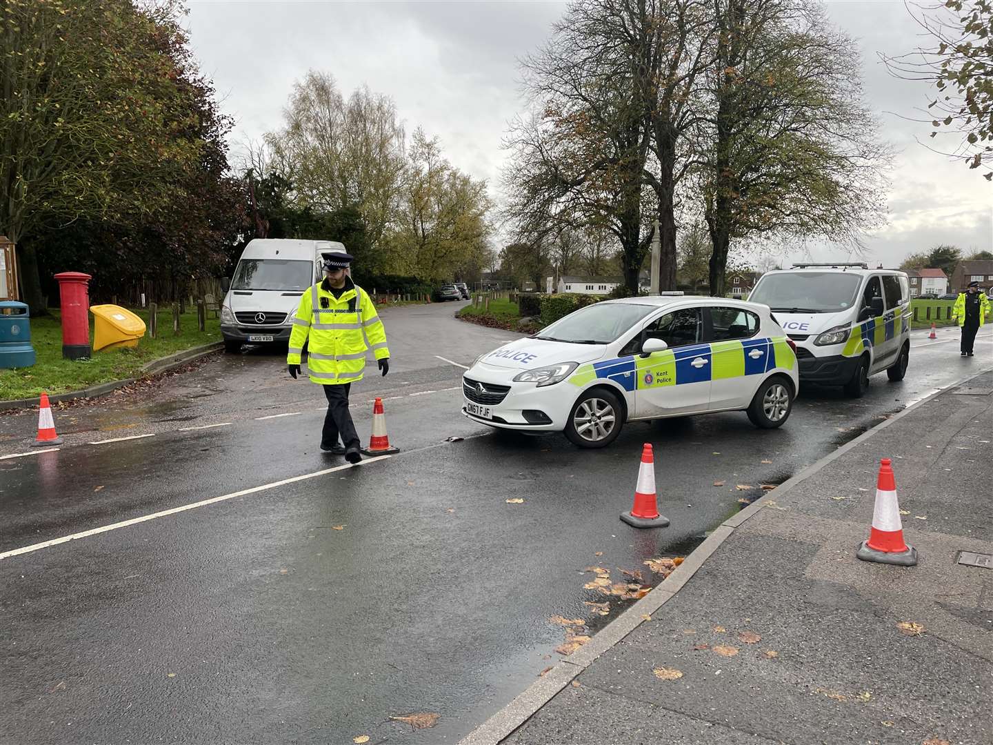 Police at the scene after a man died in Meopham after he and another man were stabbed at the Cricketers pub