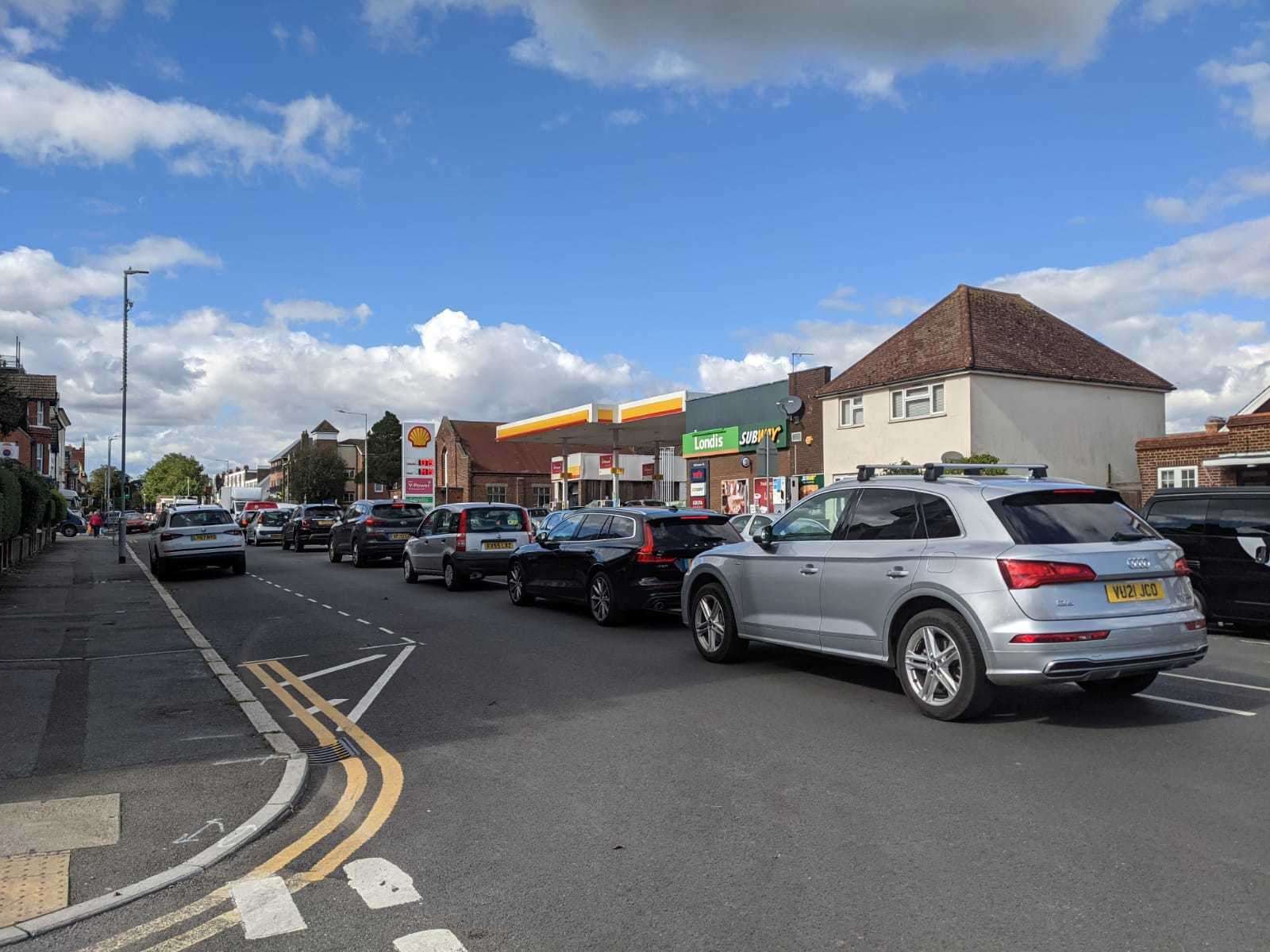 Vehicles form lengthy queues at the Shell petrol station in Cheriton Road, Folkestone