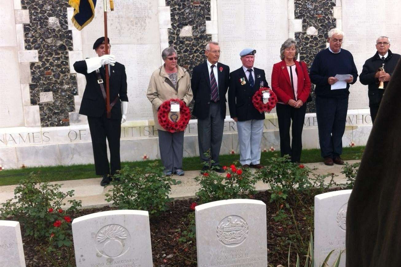 Hollingbourne visitors at the Tyne Cot Memorial, from left to right, Derek Davison (standard bearer), Muriel Shade, Gerry Collins, Frank Bradshaw, Maria Bradshaw, John Cobbett and Paul Gamet (bugler)