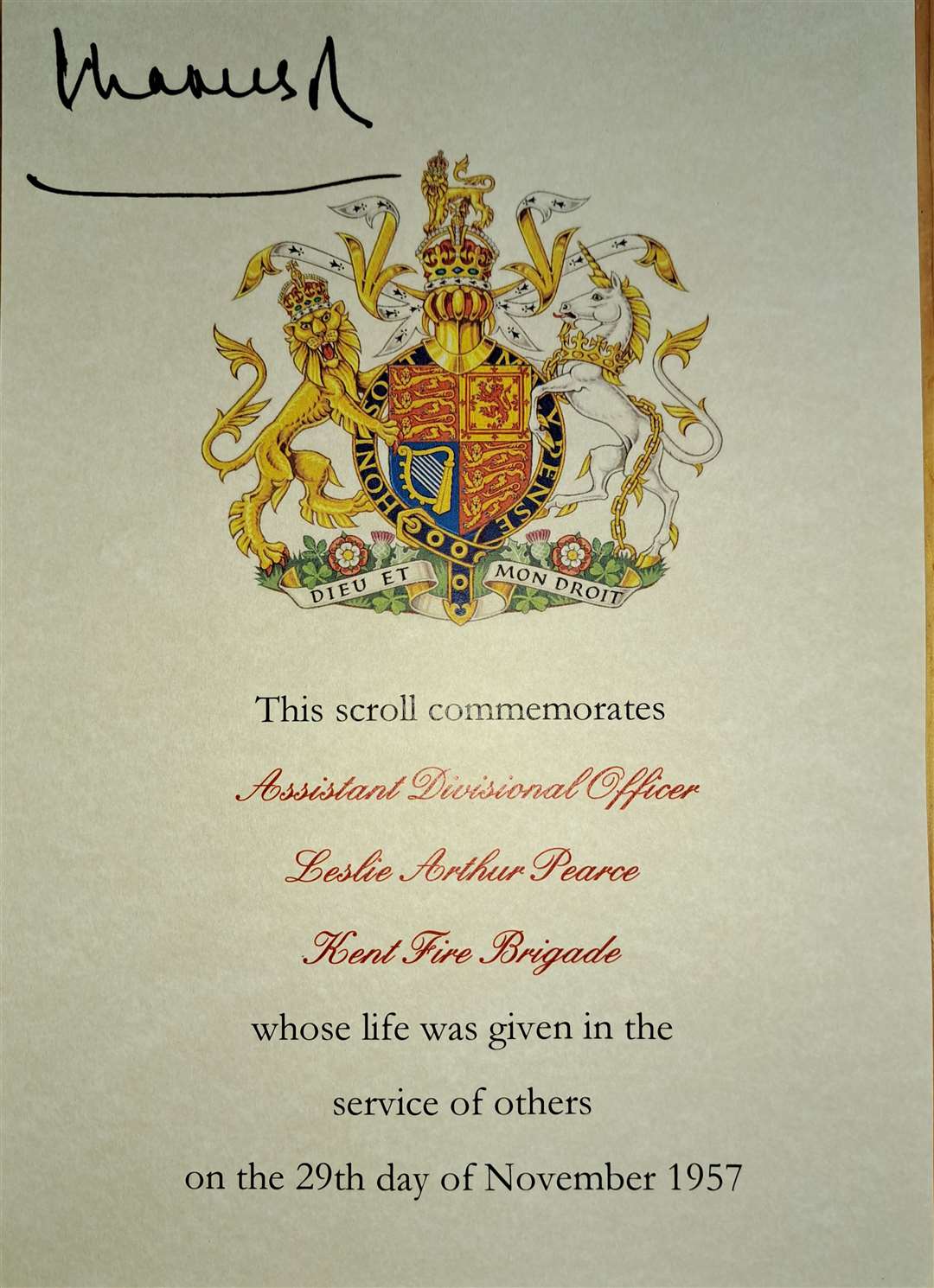 The certificate presented to the family of Leslie Pearce, signed by King Charles III