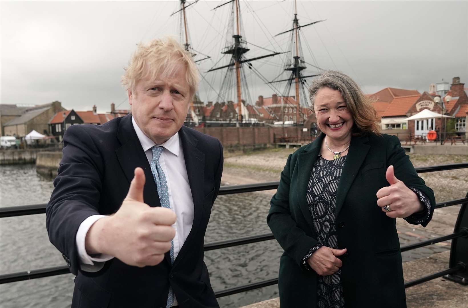 Prime Minister Boris Johnson and newly elected MP Jill Mortimer at Jacksons Wharf in Hartlepool, County Durham, following Ms Mortimer’s victory in the Hartlepool parliamentary by-election (Owen Humphreys/PA)