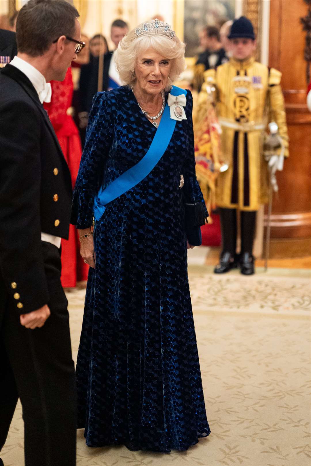 The Queen wore the late Queen’s small aquamarine tiara to the Diplomatic Corps reception on Tuesday evening (Aaron Chown/PA)