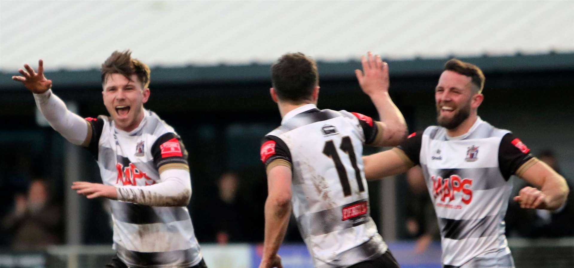 Deal defender Alfie Foster, Rory Smith and Josh Vincent celebrate their third goal in last weekend’s 3-1 home win over Sevenoaks. Picture: Paul Willmott