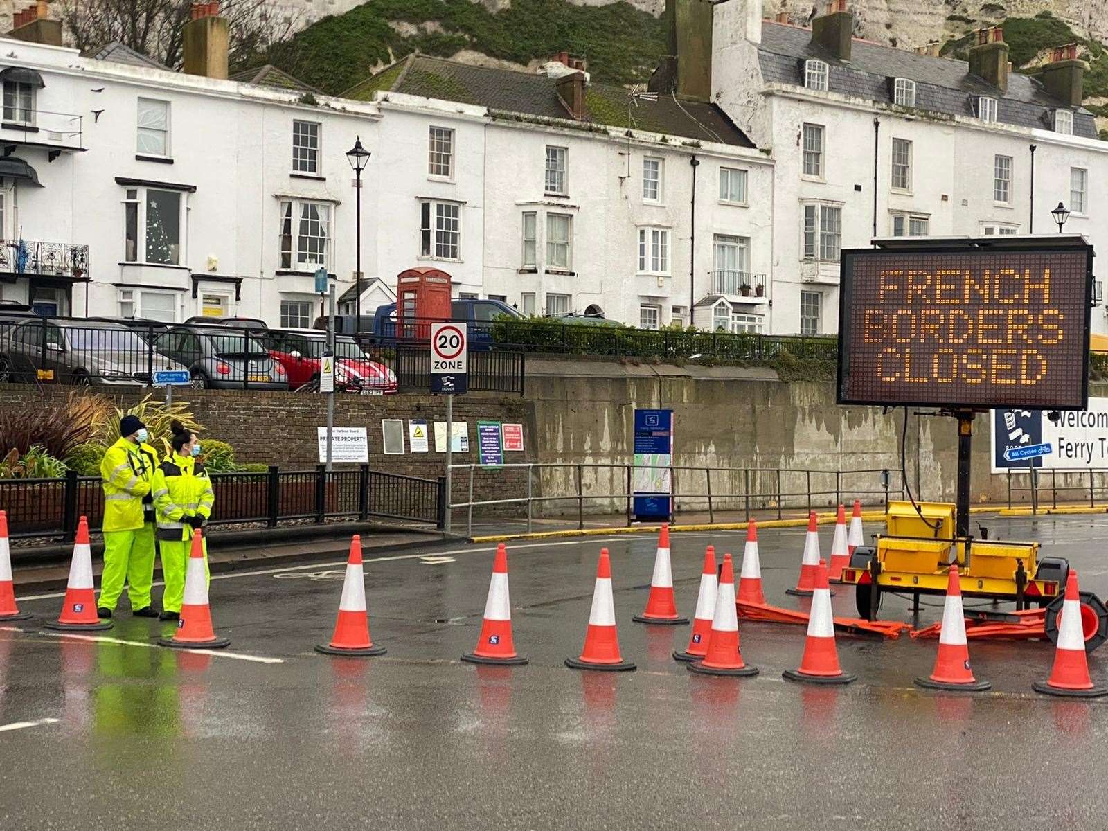 There was more chaos to come as concern over the new Covid-19 strain led France to close its borders with the UK, leaving thousands of lorries stranded on Kent's roads. The entrance to the Port of Dover is pictured here.