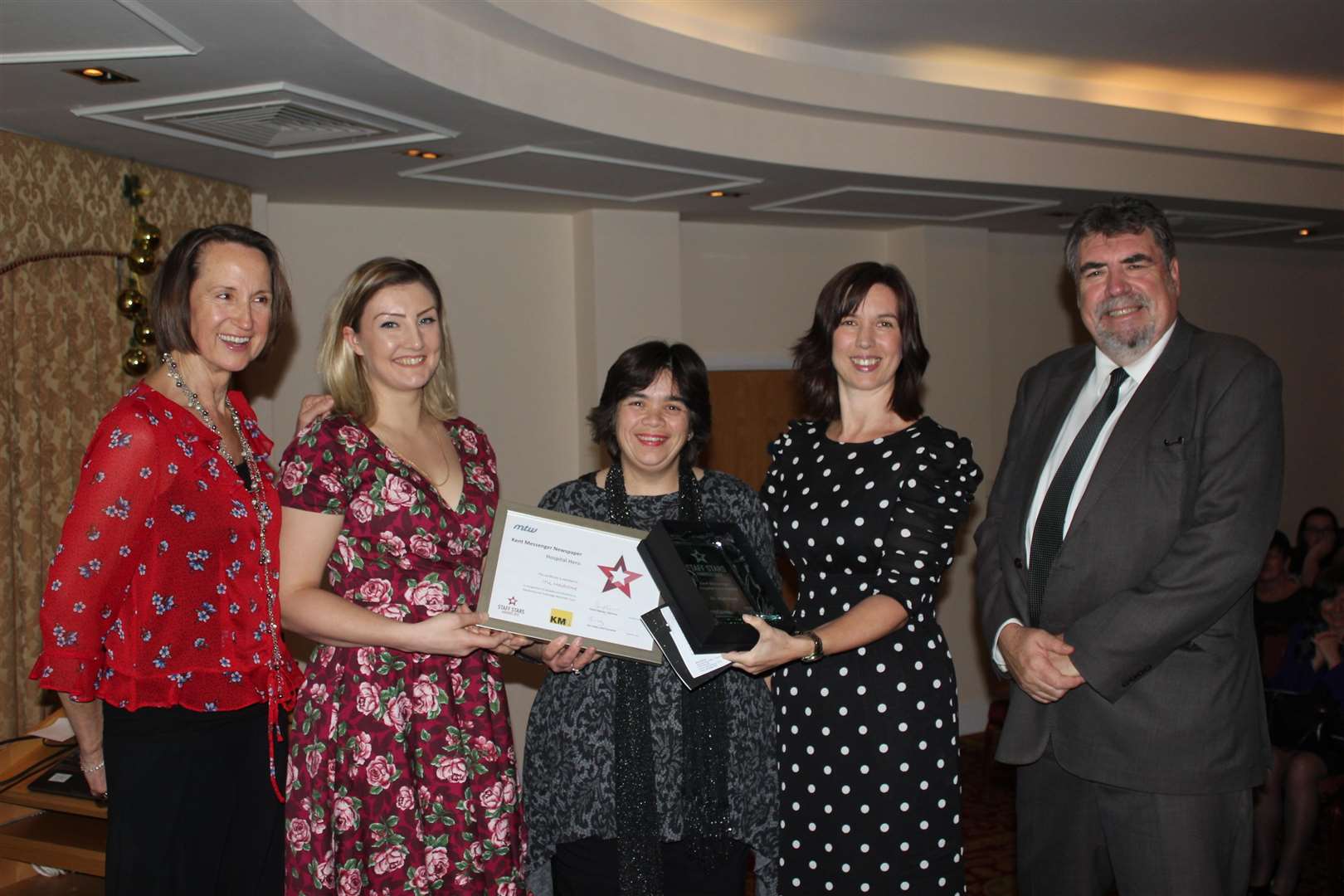 Carol McGiffin, of Loose Women, Kim Wilkinson and Angali Clifton-Fearnside, of Maidstone ITU, Mary Graham from the KM and David Highton, chairman of MTW, at last year's awards