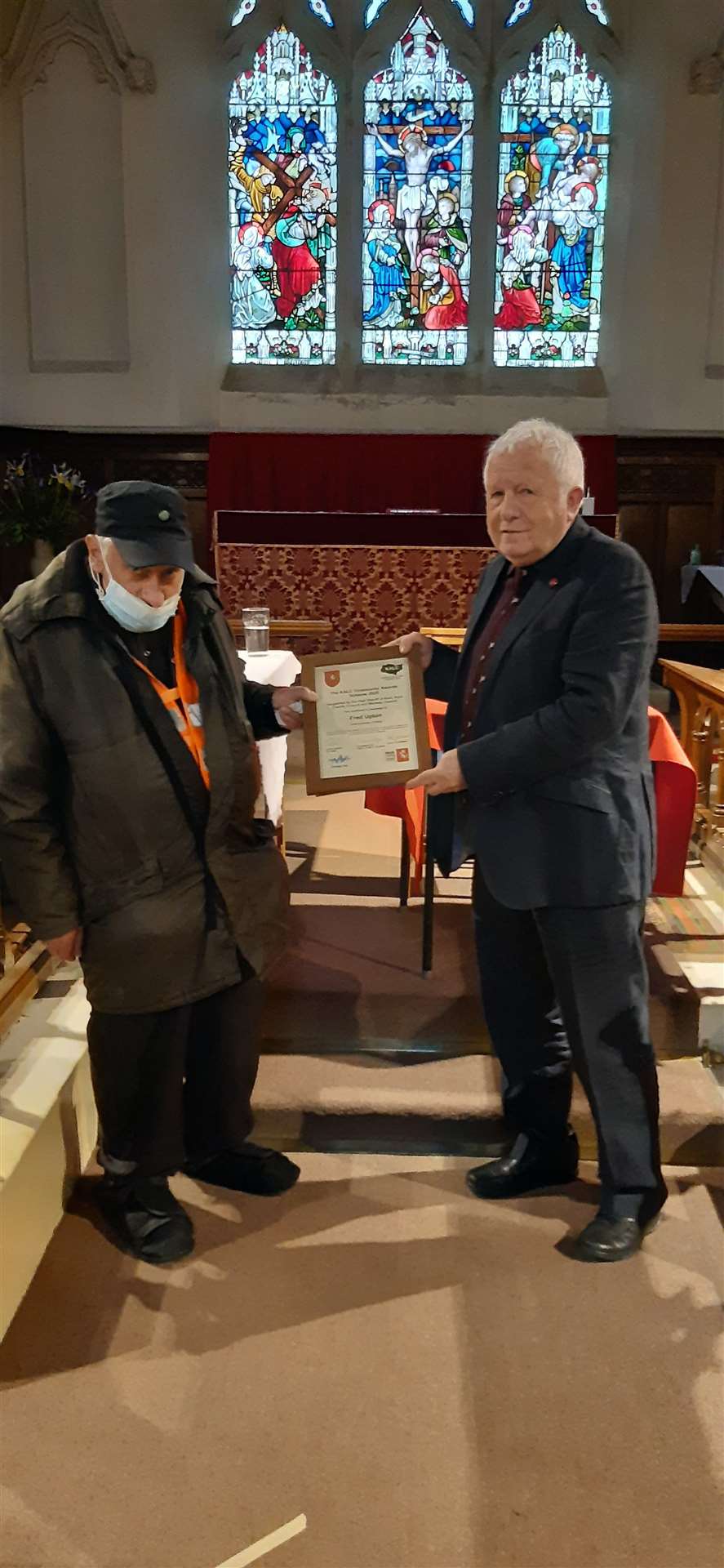 Freddie Upton who was last year's winner finally gets his award as a thanks for clearing Walmer beach of litter every day. Pictured with Walmer Parish Council chairman Cllr James Murray