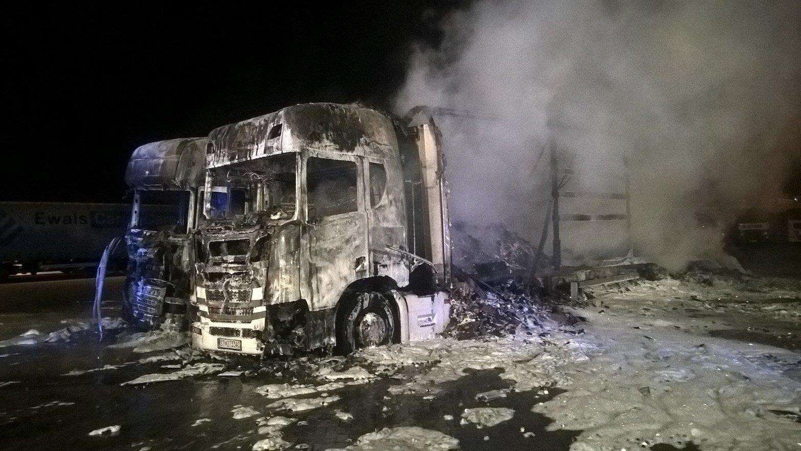 The lorry fire at Ashford International Truckstop. Picture: Kent Fire and Rescue